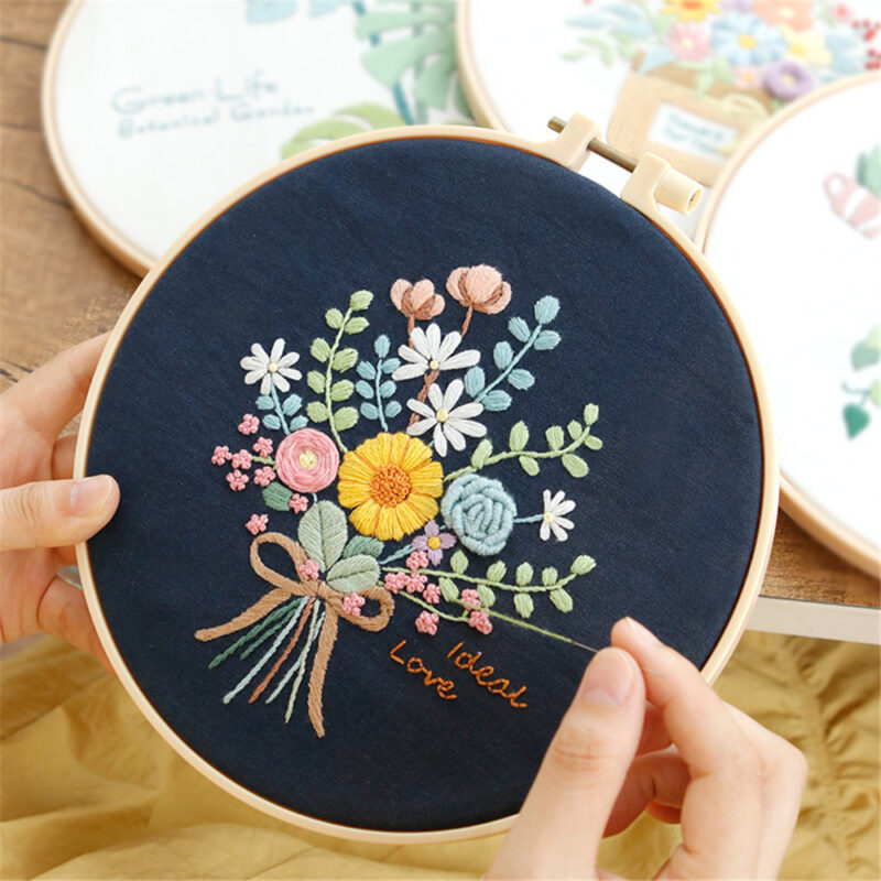 DIY Flowers Plants Pattern Embroidery Set With Hoop