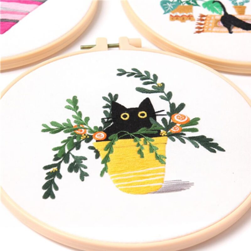 Flower Black Cat Pattern Embroidery Set Needlework