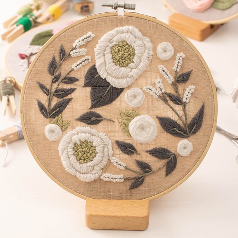 Embroidery Kit White Flowers Printed Plant Stamped Set