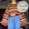 Whimsical Cropped Crochet Sweater PDF PATTERN, Mesh Crochet Top Pattern, Easy Nature Crochet Shirt, Maria Flora PDF